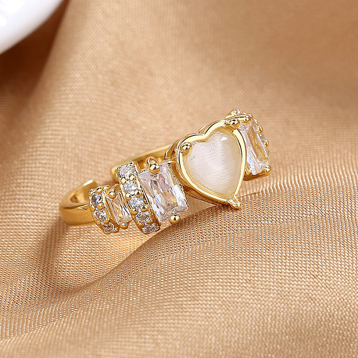 1 peça em forma de coração doce incrustação de cobre com pedras preciosas artificiais anel aberto de zircônia