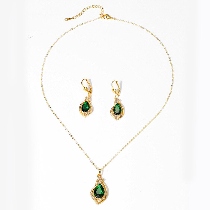 Elegante Retro Luxuriöse Wassertropfen Verkupferung Inlay Zirkon 18 Karat Vergoldet Damen Ohrringe Halskette