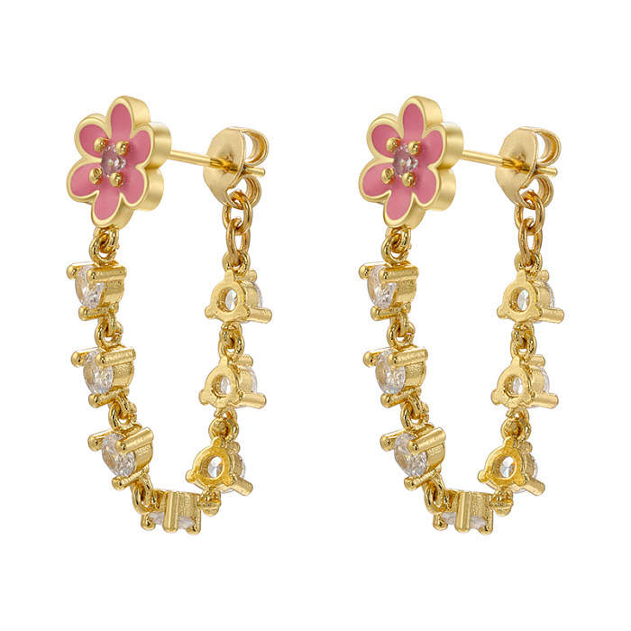 1 Paar süße Blumen-Ohrringe mit Kupfer-Email-Beschichtung und Zirkon-Inlay, 18 Karat vergoldet