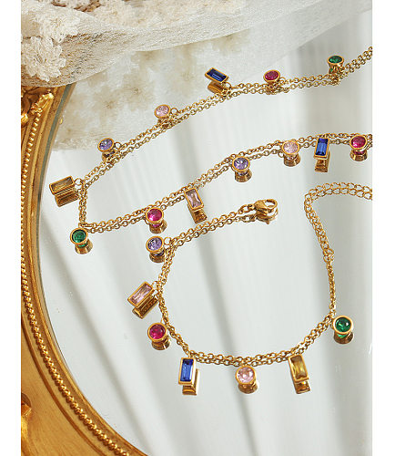 Modische, quadratische Titan-Stahl-Inlay-Zirkon-Armband-Halskette für Damen