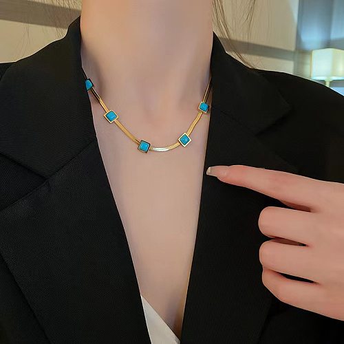 Retro Square Titanium Steel Plating Inlay Turquoise 18K Gold Plated Bracelets Necklace