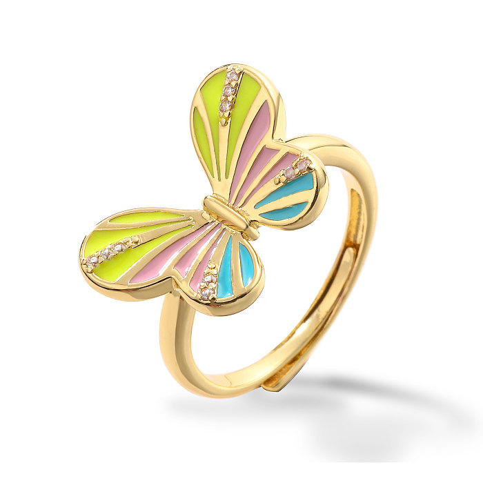 Elegante praia doce borboleta cobre esmalte chapeamento inlay zircon 18K anéis abertos banhados a ouro
