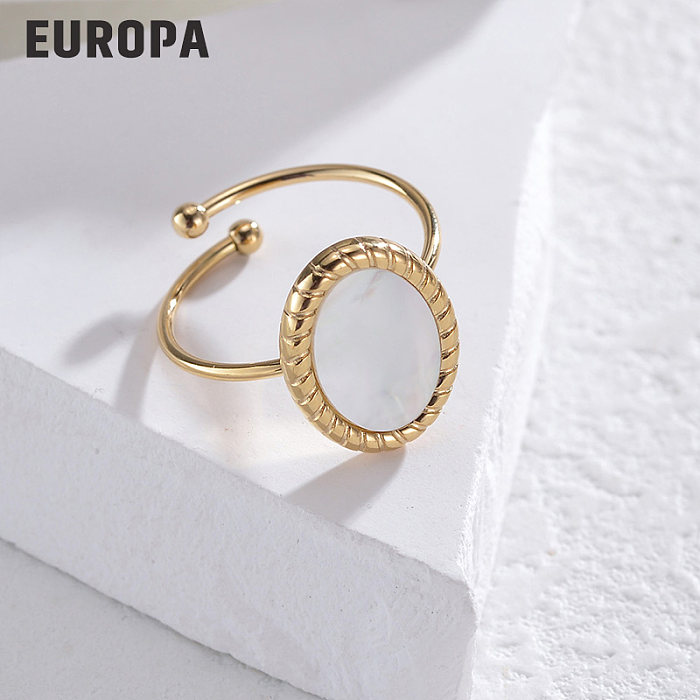Elegante ovale offene Ringe im Vintage-Stil mit Intarsienschale aus Edelstahl mit 14-Karat-Vergoldung