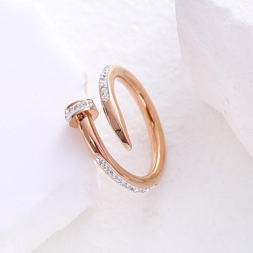 Strass embutidos de aço inoxidável de cor sólida estilo simples anel aberto banhado a ouro 24K