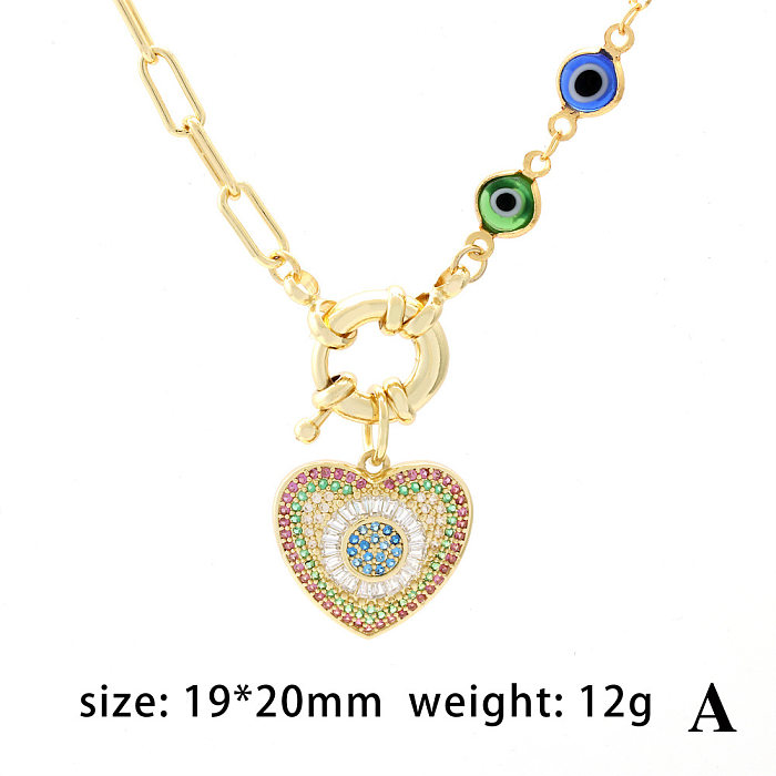 Vintage Style Devil'S Eye Heart Shape Glass Copper Plating Inlay Zircon Gold Plated Necklace