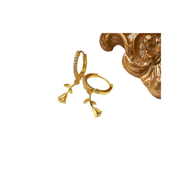 1 Set Retro Flower Inlay Copper Zircon Drop Earrings