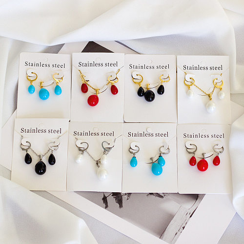 Mode Wassertropfen Edelstahl Inlay Künstliche Perlen Ohrringe Halskette 1 Set