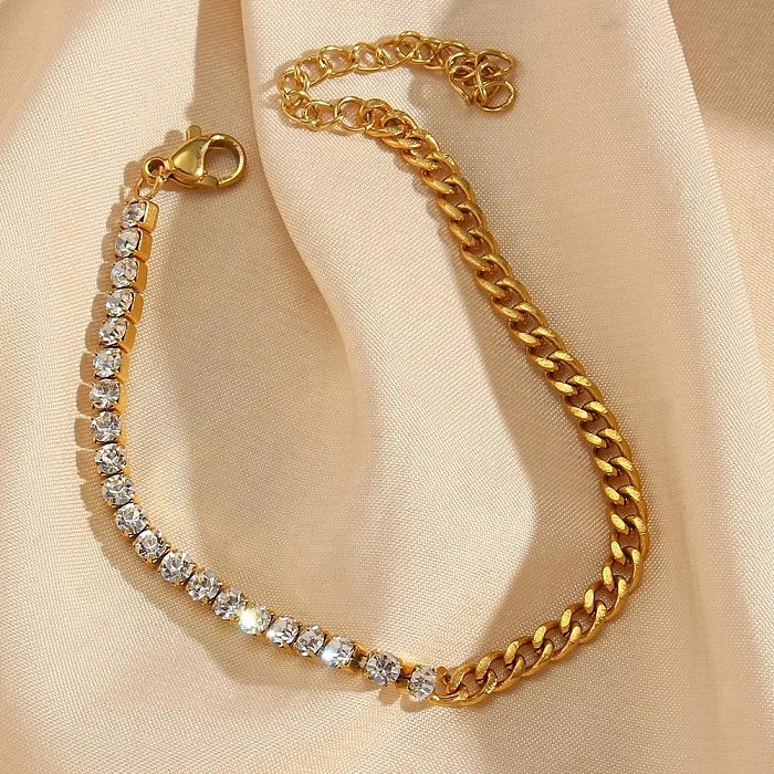 Elegante, einfarbige Armband-Halskette aus Edelstahl mit Patchwork-Zirkon und 18-Karat-Vergoldung