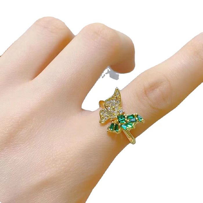Modern Style Butterfly Copper Plating Inlay Artificial Gemstones Open Rings