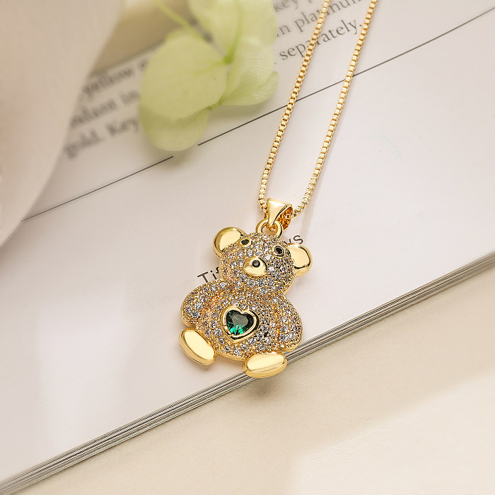 Cute Simple Style Commute Bear Copper 18K Gold Plated Zircon Pendant Necklace In Bulk