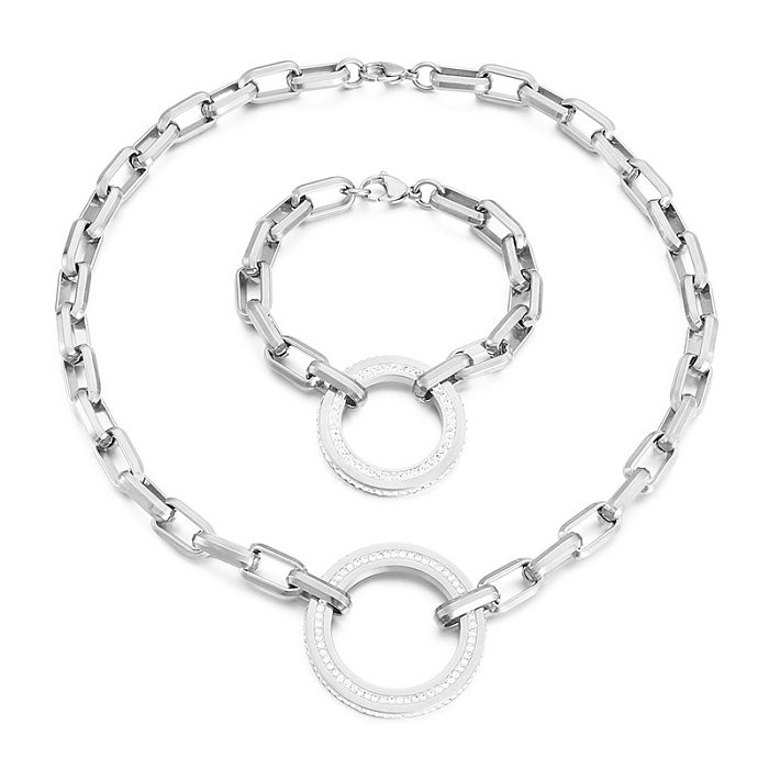 Fashion Circle Stainless Steel Artificial Rhinestones Bracelets Necklace 2 Pieces