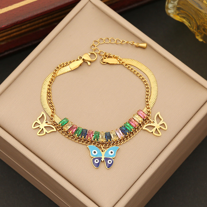 Retro Simple Style Devil'S Eye Butterfly Stainless Steel Enamel Plating Inlay Zircon Bracelets Earrings Necklace