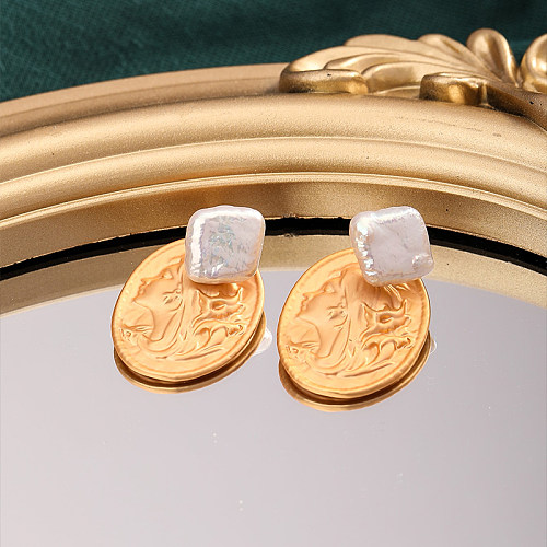 1 paire de clous d'oreilles en cuivre, perles d'eau douce, Portrait de Style Baroque, losange ovale