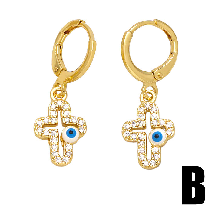 1 Pair Original Design Streetwear Cross Devil'S Eye Heart Shape Enamel Plating Inlay Copper Zircon 18K Gold Plated Drop Earrings