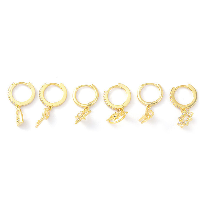 Sweet Star Key Airplane Copper Drop Earrings Asymmetrical Inlay Zircon Copper Earrings 3 Pairs