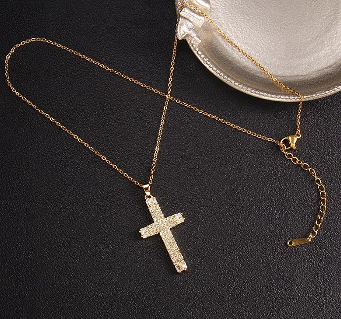 Glam Cross Copper Zircon Pendant Necklace In Bulk