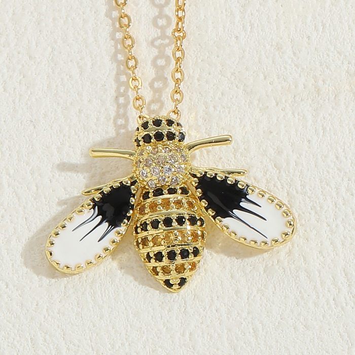 Elegant Classic Style Insect Copper Enamel Plating Inlay Zircon 14K Gold Plated Necklace