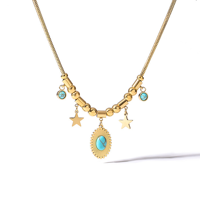 Collier pendentif rétro en forme d'oeil d'étoile, 1 pièce, incrustation de cuivre, Zircon Turquoise, plaqué or 18 carats