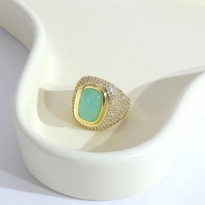 Offener Ring im Vintage-Stil, rechteckig, Kupfer-Inlay, künstliche Edelsteine, Zirkon, vergoldet