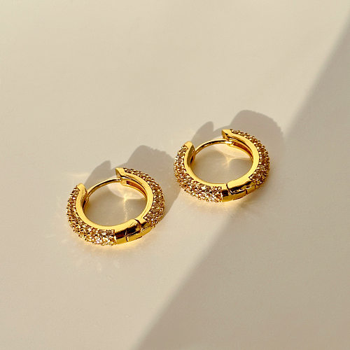 1 Pair Retro Round Copper Plating Inlay Zircon 18K Gold Plated Earrings