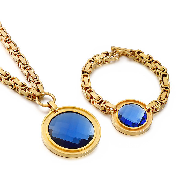 Fashion New Stainless Steel Single-Piece Chain Round Multi-Color Glass Stone Female Bracelet And Necklace Set