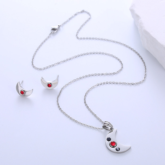Simple Style Moon Stainless Steel Plating Artificial Gemstones 18K Gold Plated Earrings Necklace Jewelry Set