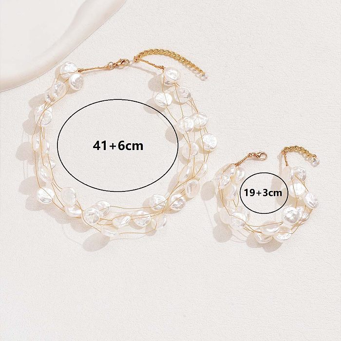 Elegante romântico doce geométrico artificial pérola cobre frisado chapeamento conjunto de joias banhadas a ouro 18K