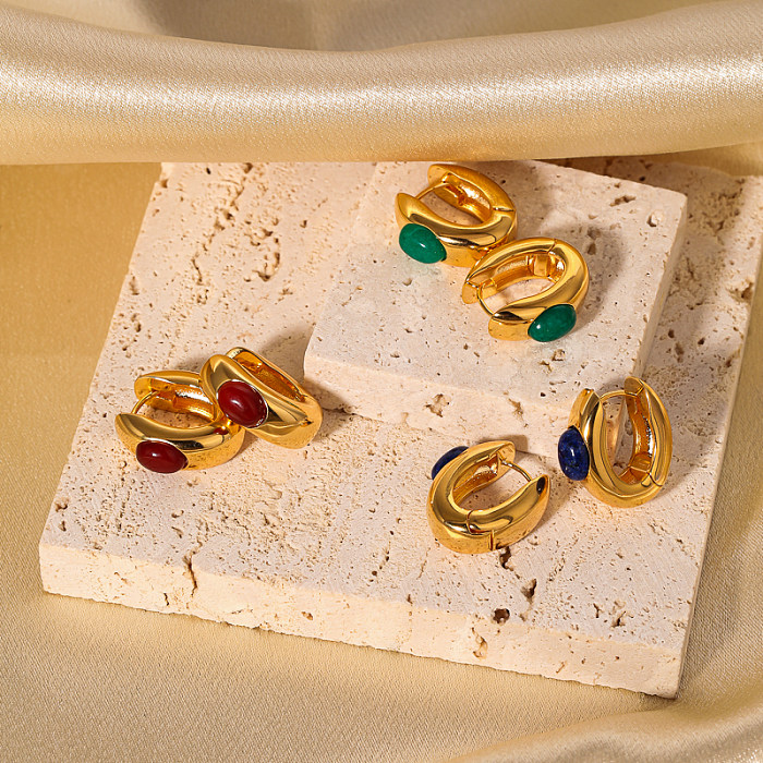 1 Pair Classical Retro Oval Plating Inlay Copper Artificial Gemstones 18K Gold Plated Hoop Earrings