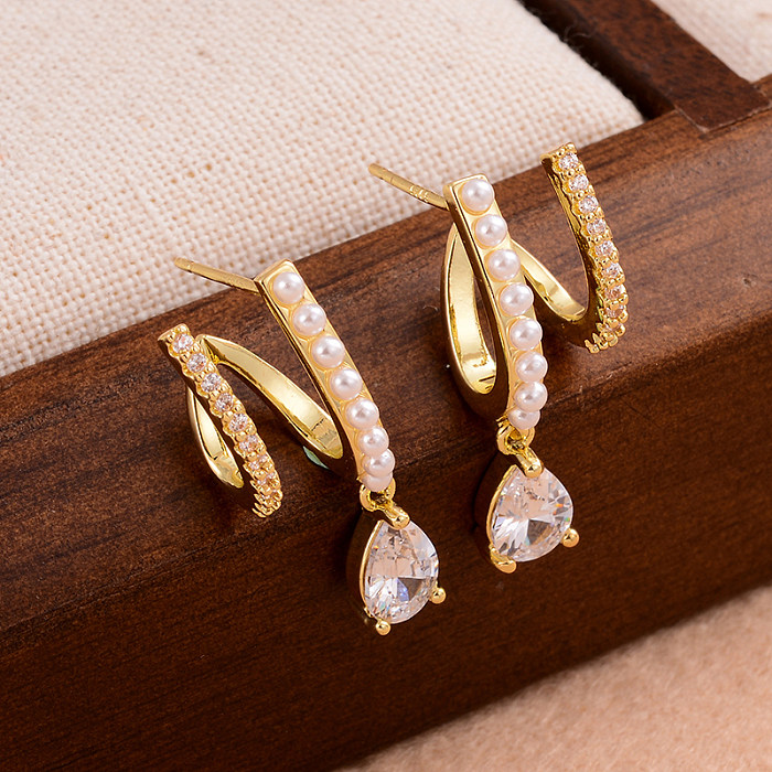 Pendientes colgantes chapados en oro de 1K con incrustaciones de gotas de agua, elegantes y románticos, estilo IG, perlas artificiales de cobre, circón, 14 par