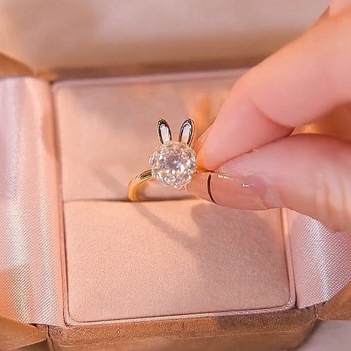 Cute Rabbit Copper Plating Rhinestones Open Ring