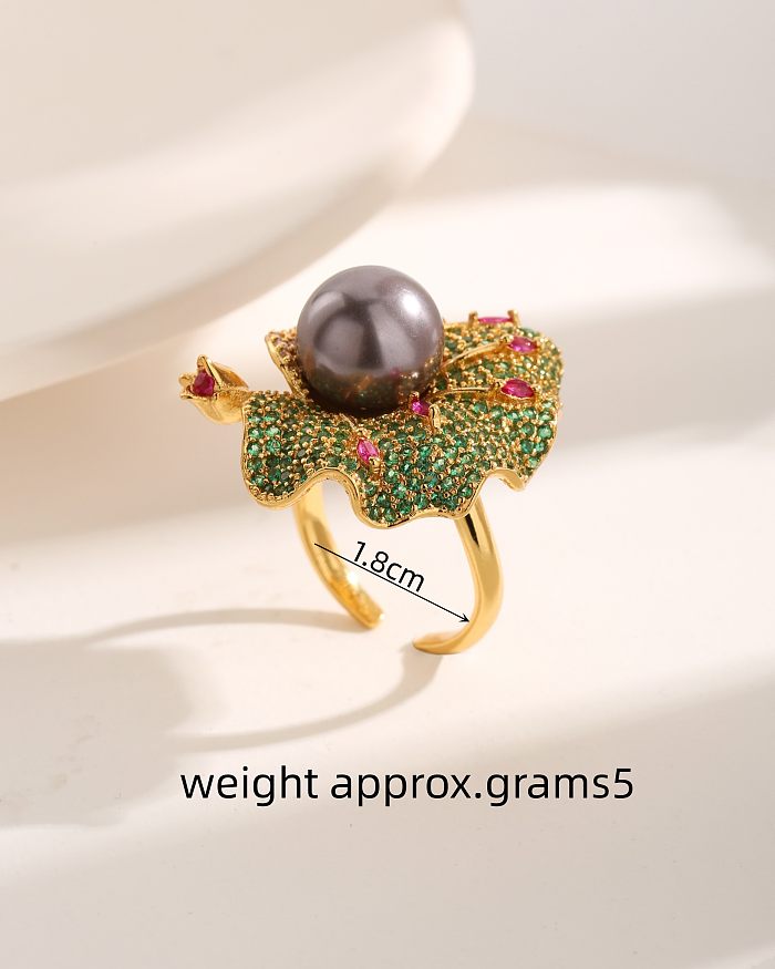 Vintage Style Exaggerated Luxurious Flower Petal Copper Plating Inlay Artificial Pearls Zircon 18K Gold Plated Open Rings