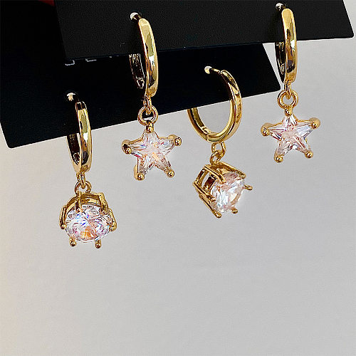 1 Pair IG Style Shiny Round Star Plating Inlay Copper Zircon Drop Earrings