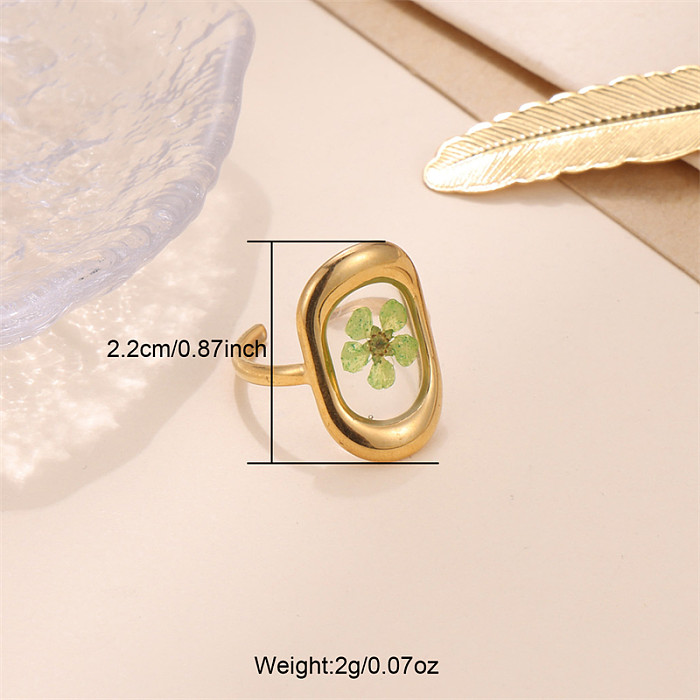 Anéis abertos banhados a ouro 18K com flor oval pastoral fofa em aço inoxidável