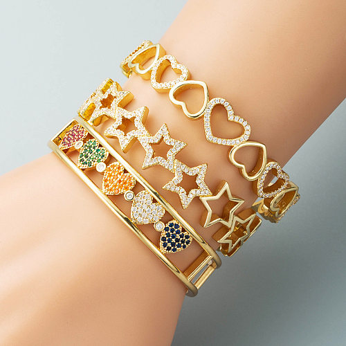 Criativo oco amor estrela de cinco pontas cobre banhado a ouro real micro-incrustado pulseira de zircão colorido