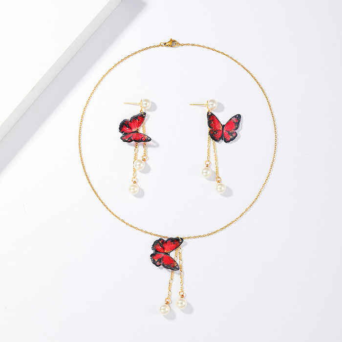 Boucles d'oreilles papillon en acier inoxydable, Style Vintage élégant, placage de perles d'imitation, collier plaqué or 18 carats
