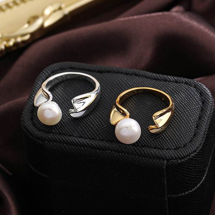 IG Style Simple Style Round Copper Plating Inlay Pearl 18K Gold Plated Silver Plated Open Rings