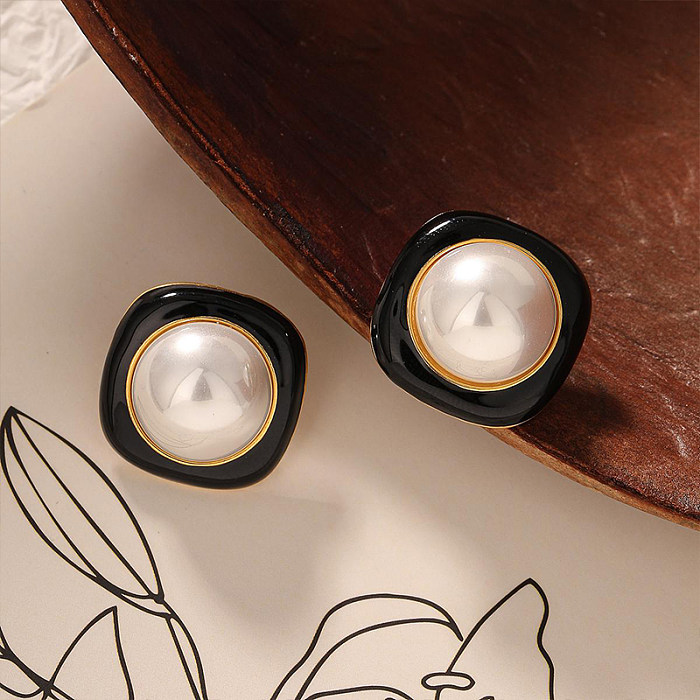 1 Pair Retro Commute Round Epoxy Stoving Varnish Inlay Copper Pearl Ear Studs
