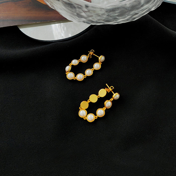 1 par de brincos de pérolas artificiais com revestimento geométrico de cobre da moda
