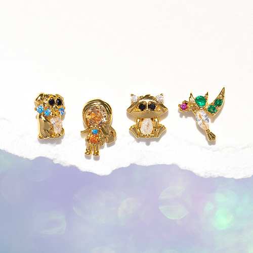 1 Set Artistic Animal Cartoon Brass Asymmetrical Plating Inlay Zircon 18K Gold Plated Ear Studs