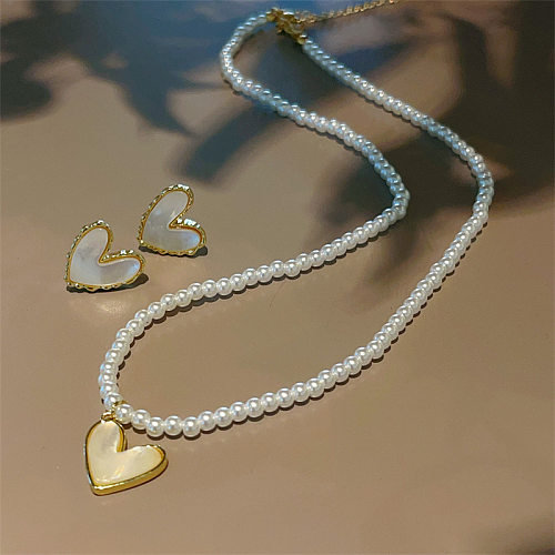 High-Grade Natural Heart Shell Pearl Chain Fritillary Stud Earrings Fresh Set Simple Refined Grace Ornament