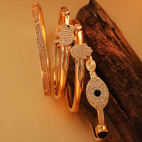 Casual Commute Animal Palm Eye Brass Plating Inlay Zircon 14K Gold Plated Bangle