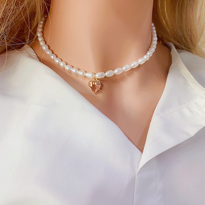 Einfache Herzform-Kupfer-Perlen-Inlay-Zirkon-Anhänger-Halskette