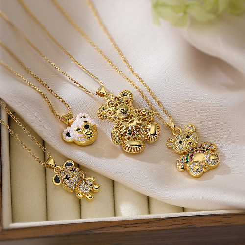 Simple Style Commute Little Bear Copper 18K Gold Plated Artificial Pearls Zircon Pendant Necklace In Bulk