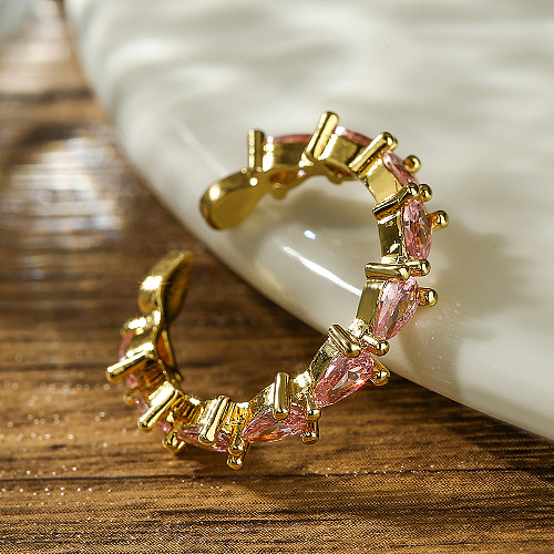 Modern Style Water Droplets Copper Plating Inlay Zircon 18K Gold Plated Open Ring