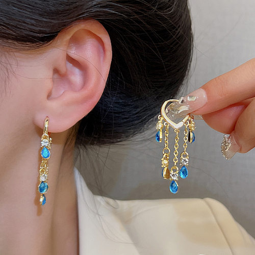 1 paire de boucles d'oreilles goutte d'eau de Style Simple, incrustation de strass en cuivre