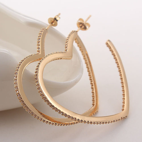 1 paire de boucles d'oreilles plaquées or et Zircon, Style Simple, en forme de cœur, incrustation de cuivre