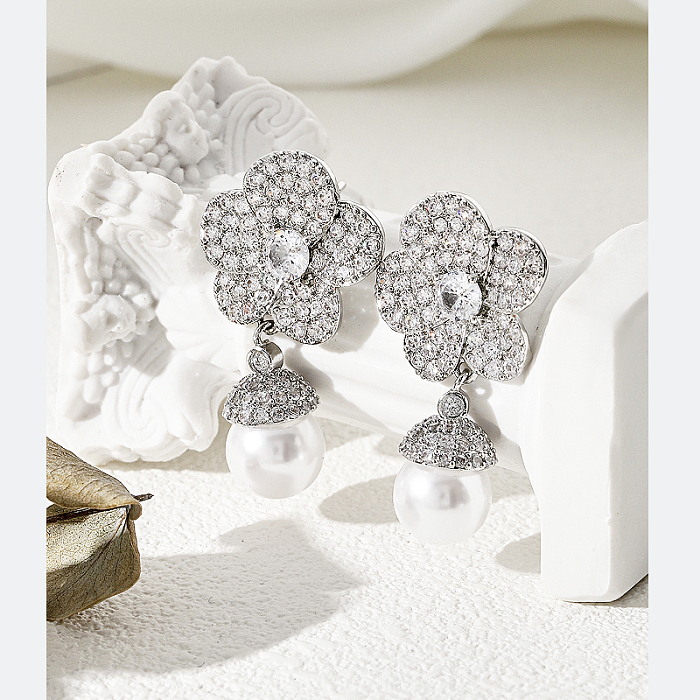 Boucles d'oreilles pendantes, 1 paire, incrustation de fleurs douces, cuivre Zircon Palladium blanc K