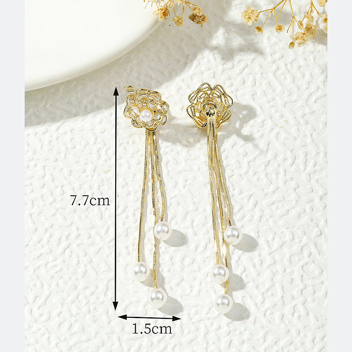 1 Pair Elegant Vintage Style Flower Plating Inlay Copper Artificial Pearls Zircon 18K Gold Plated Drop Earrings