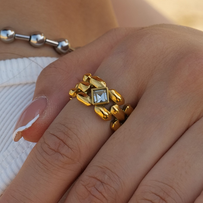Anéis banhados a ouro 18K de zircão assimétrico de aço inoxidável estilo IG