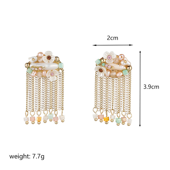 1 Pair IG Style Flower Plating Chain Inlay Copper Artificial Crystal Freshwater Pearl Zircon 14K Gold Plated Drop Earrings